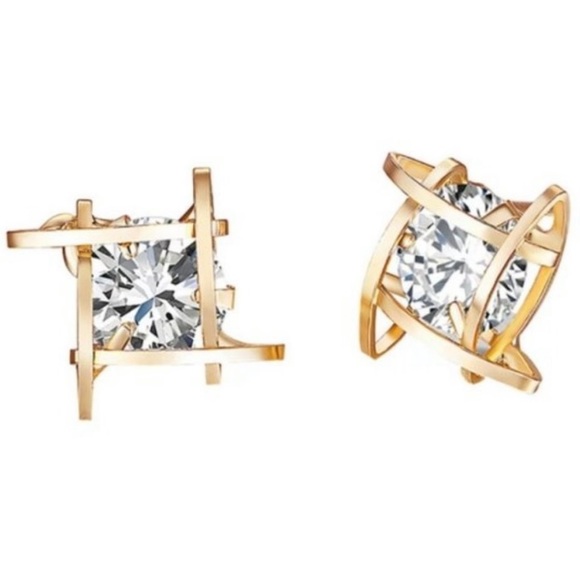 NEW Gold 3D Solitaire Caged Diamond Stud Earrings - Picture 9 of 9